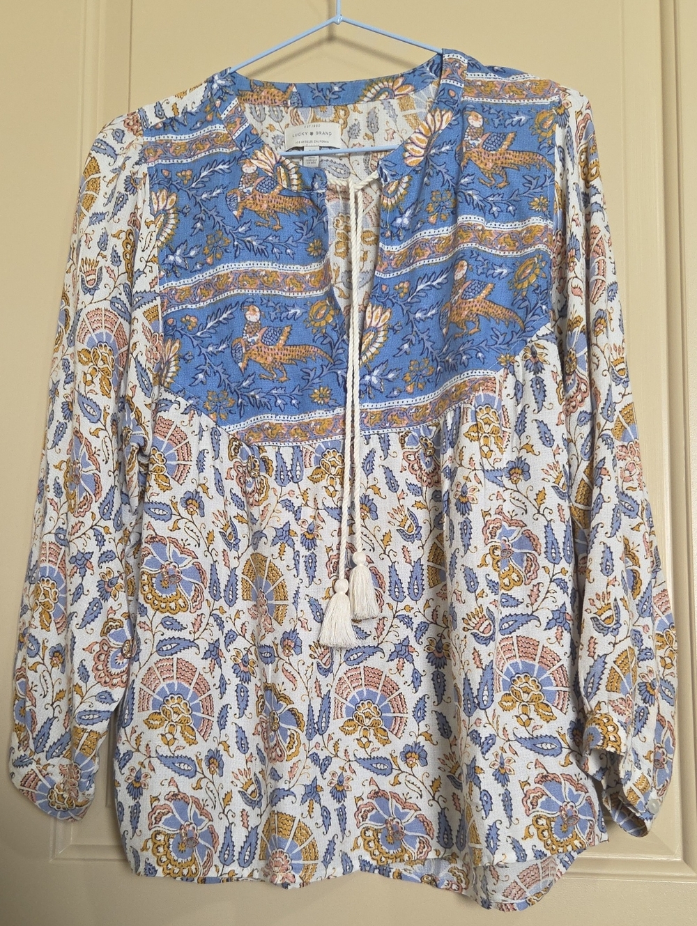 Lucky Brand Blue and White Floral Paisley Tassel Tunic